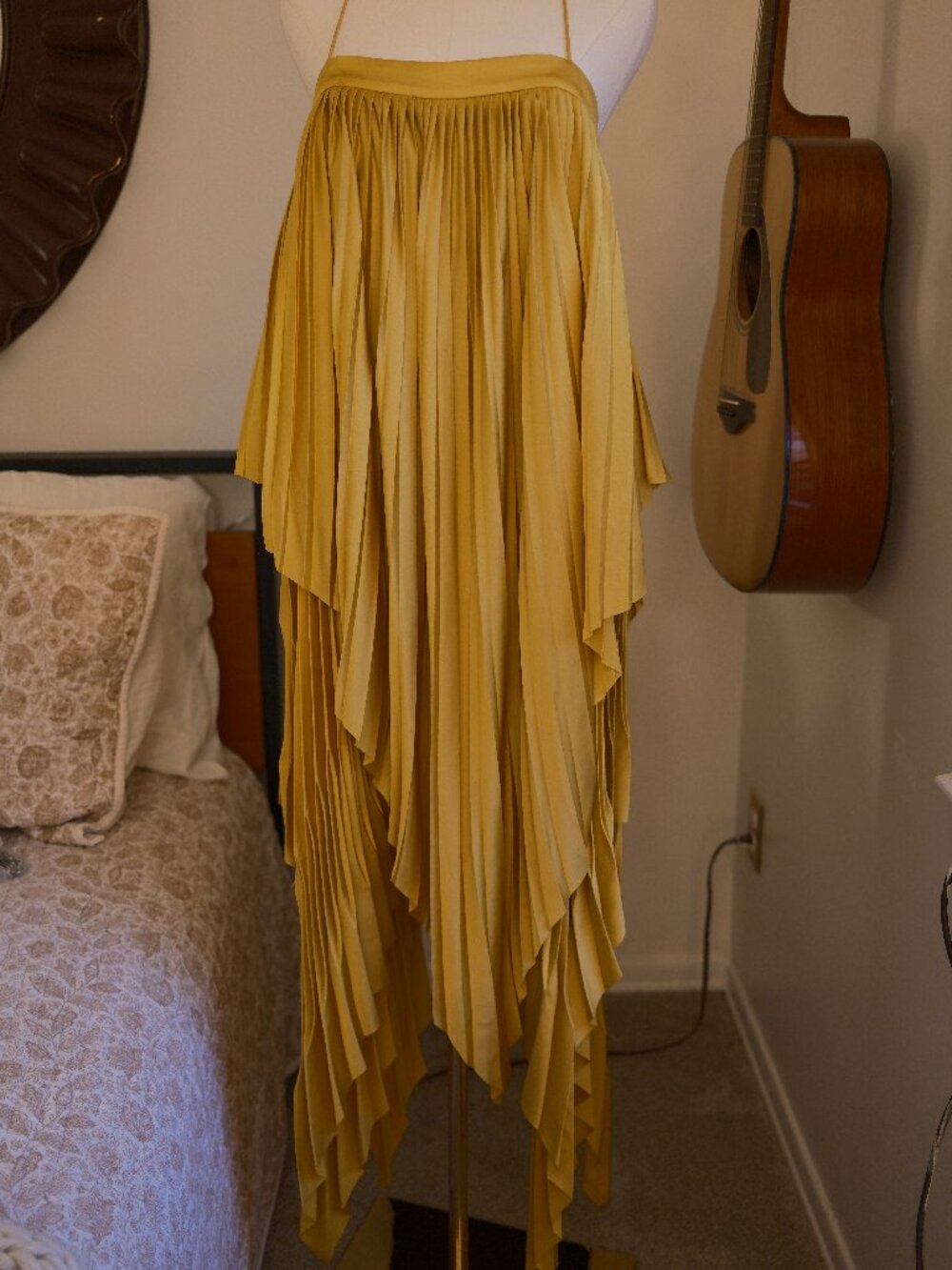 Acler Mustard Pleated Asymmetrical Dress Formal Event Midi Maxi Statement Size M